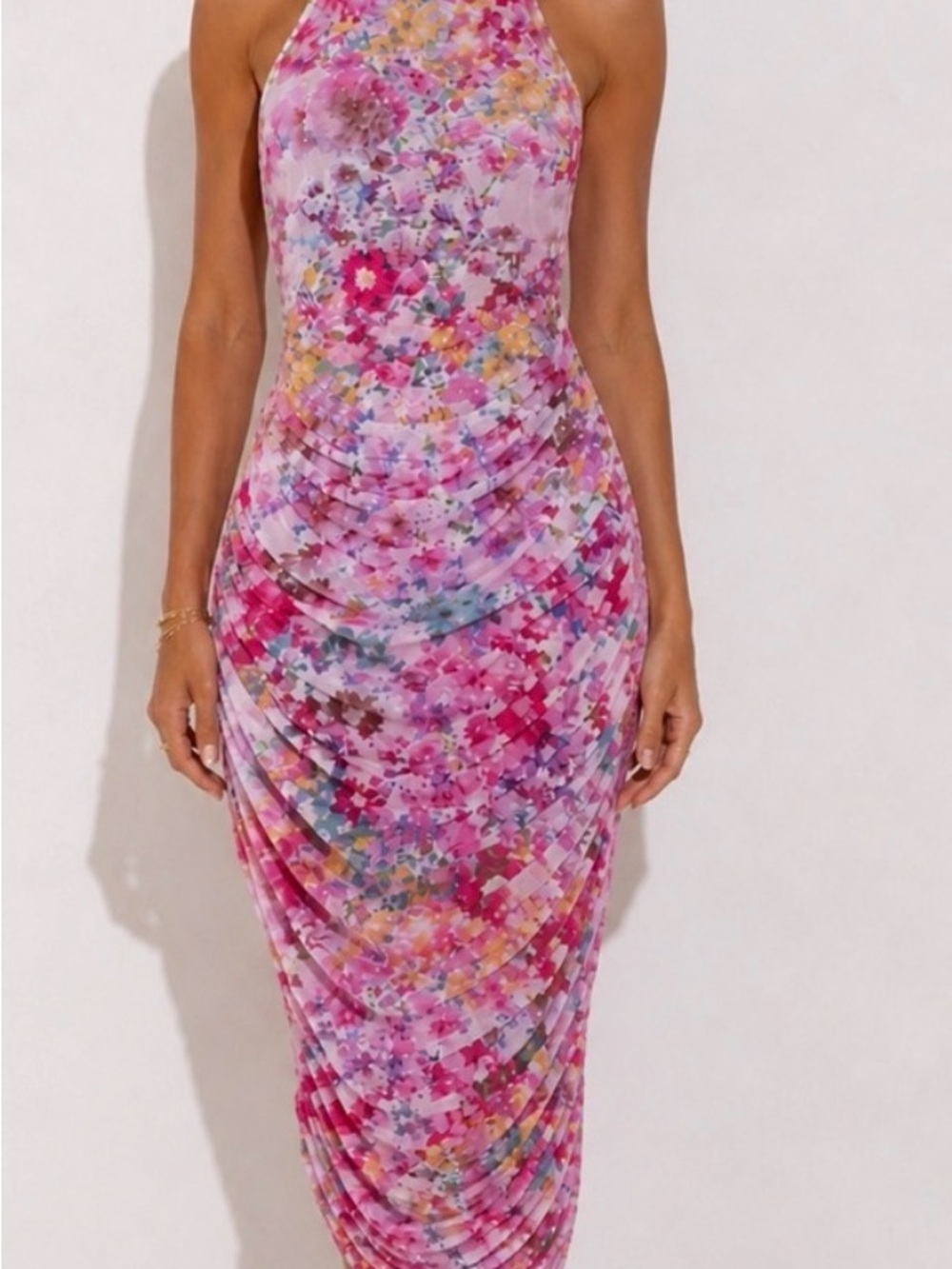 Steve Madden Pink Floral Halter Ruched Midi Dress
